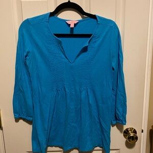 Lilly Pulitzer Top Small Blue Tuxedo Pleats 3/4 Sleeve Pima Cotton Top